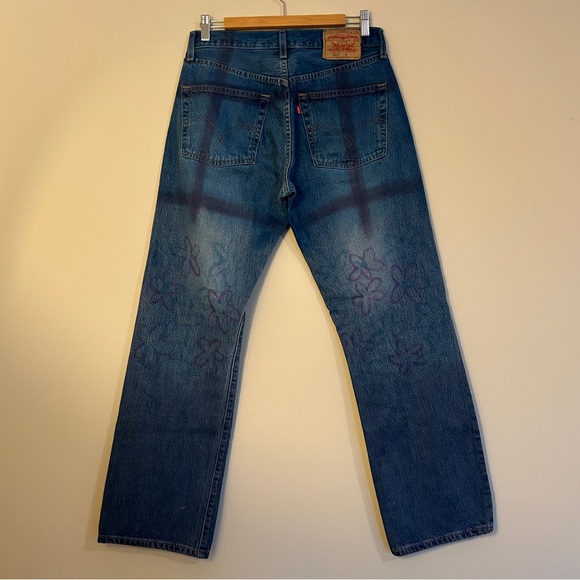 Collina Strada Blue Straight Leg Jeans with Purple Floral Design - Picture 2 of 5